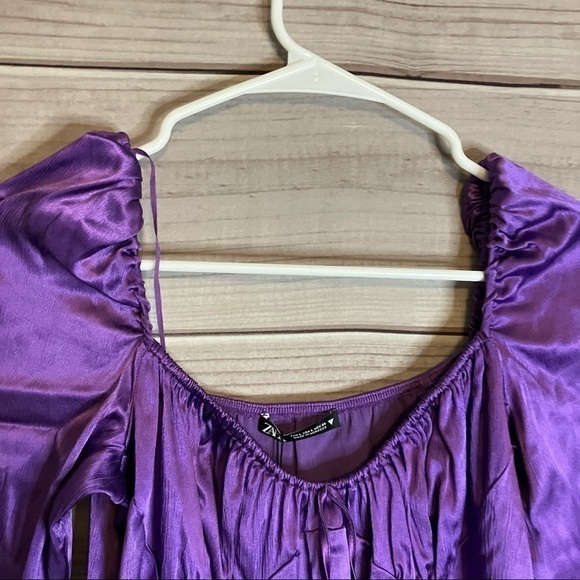 Zara Gathered Satin Mini Long Sleeve Mini Dress in Purple - Picture 5 of 14